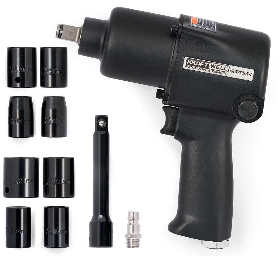 KraftWell KRW750IW-T Гайковерт пневматический 1/2", 780 Нм с комплектом ударных головок
