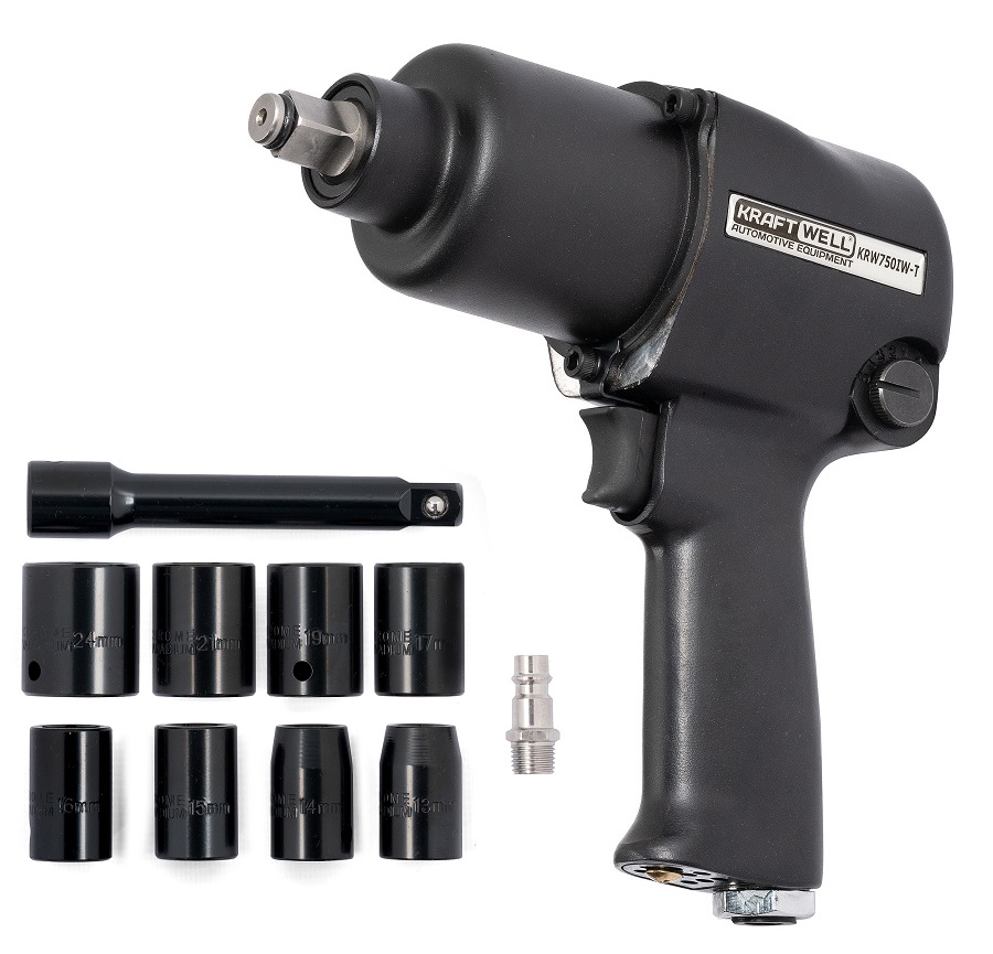KraftWell KRW750IW-T Гайковерт пневматический 1/2", 780 Нм с комплектом ударных головок