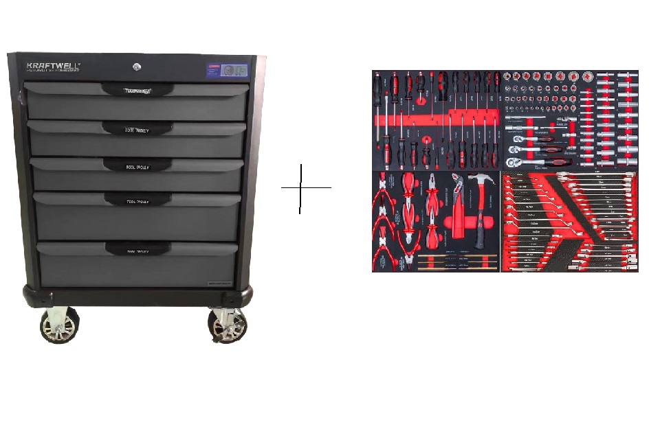 KraftWell KRW-TTG+SET157 Тележка профессиональная с 5 ящиками+ПОДАРОК инструмент 157 предметов