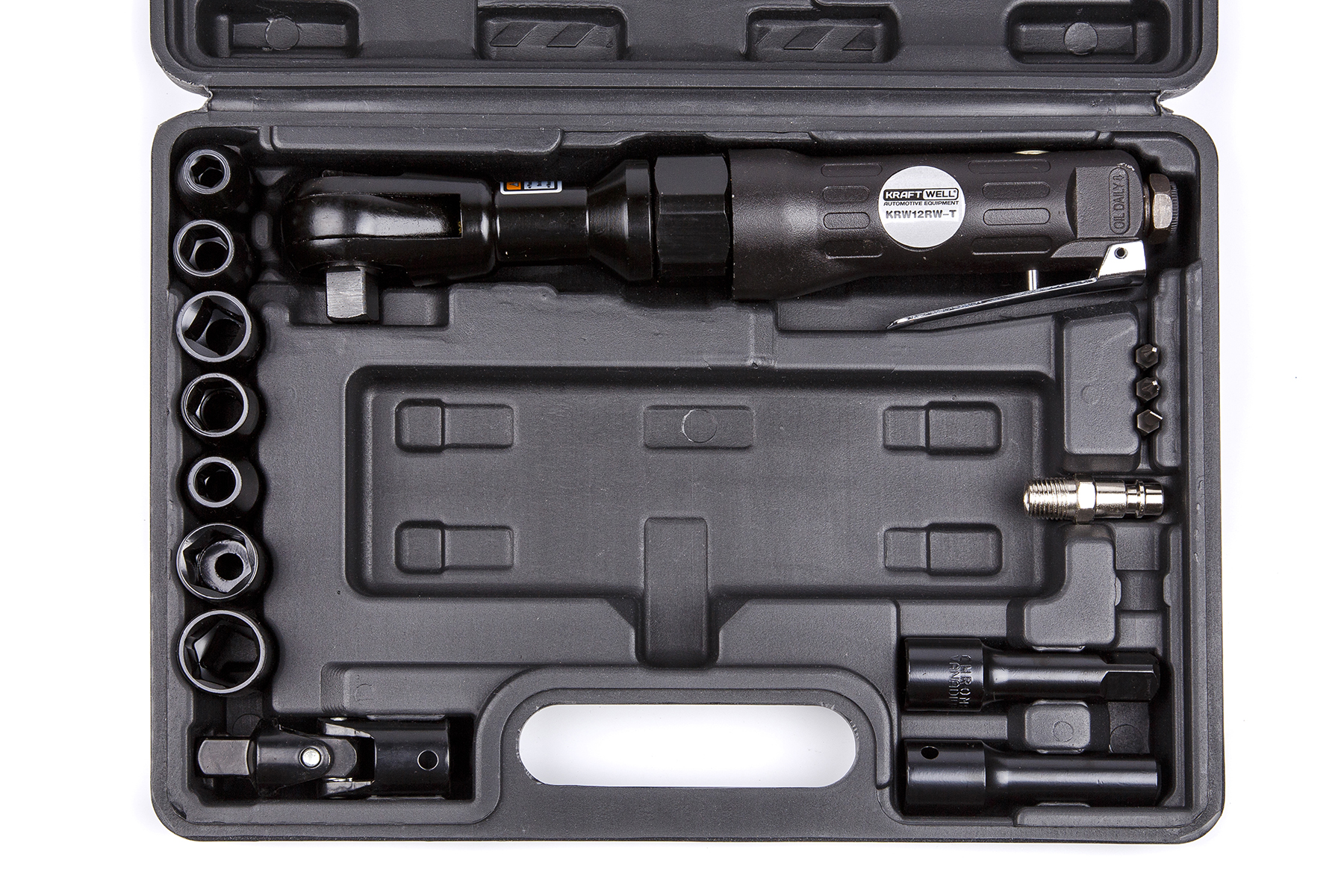 KraftWell KRW12RW-T Пневматическая трещотка 1/2",  с набором головок в кейсе